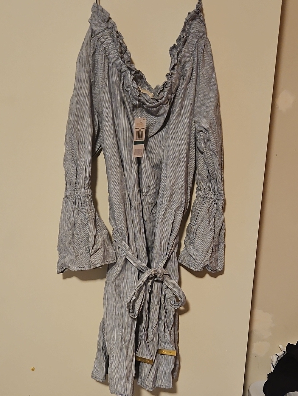 Michael Kors Blue Striped Long-Sleeve Tie-Waist Dress